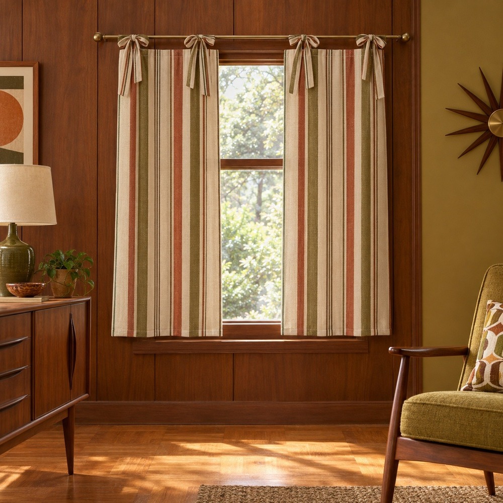 Waverly Retro Boho Beige Green Striped Rod Pocket Tie Top Curtain Panel 2-45x63